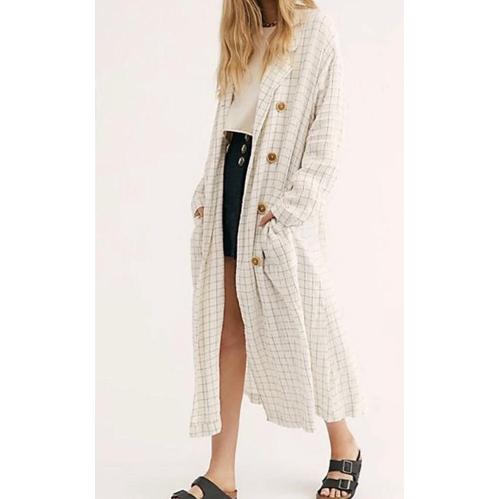 Free People Dual Plaid Trench Duster Coat Jacket White Check Grid Longline SZ S